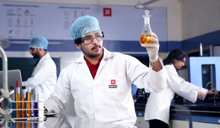 A student wearing a lab coat carefully observing a yellowish chemical in a flask during a Bachelor of Pharmacy lab session.