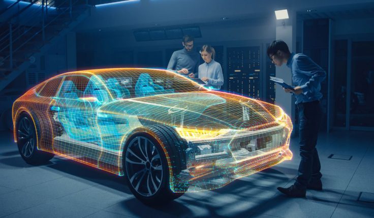 B.Tech Mechanical Engineering students analyzing a futuristic holographic model of an electric vehicle in a high-tech automotive lab.